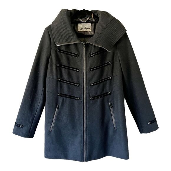 Guess Los Angeles Black Wool Blend Sparkle Hooded Mid-Length Coat - Picture 1 of 13